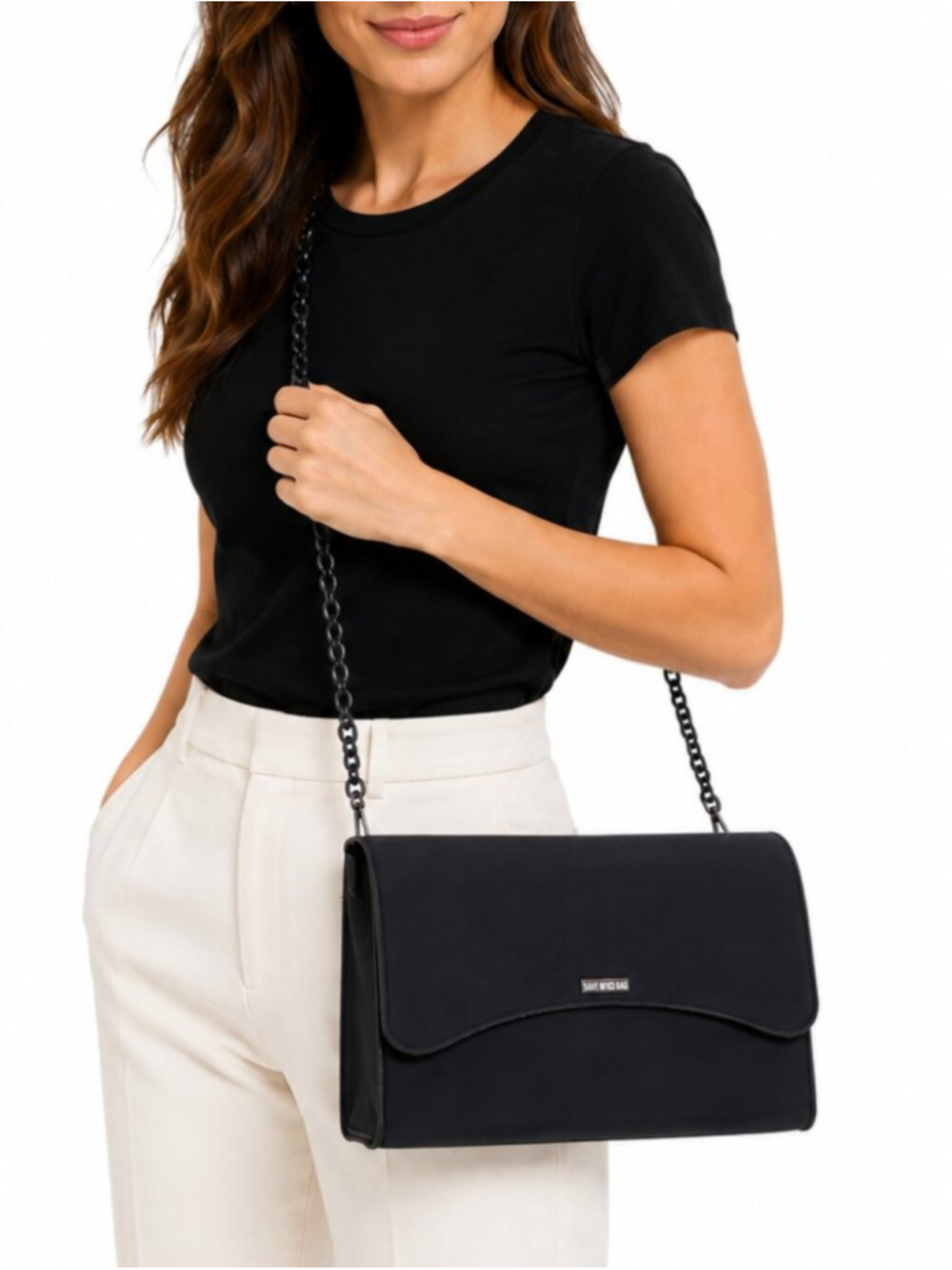 SAVE MY BAG Bella Maxi Crossbody Bag Purse Black Neoprene Flap Close Chain Strap